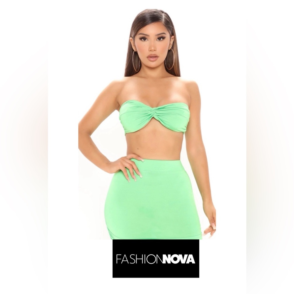 Fashion Nova Together Again Green Tube Top Ruched Midi Skirt Set, NWT, Large